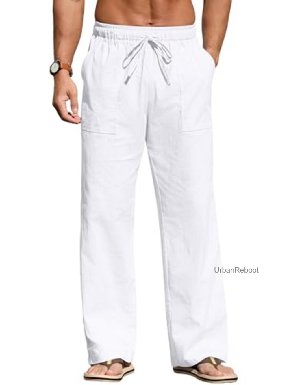 Mens Linen Pants Loose Fit Elastic Waist Drawstring Beach Summer Trousers